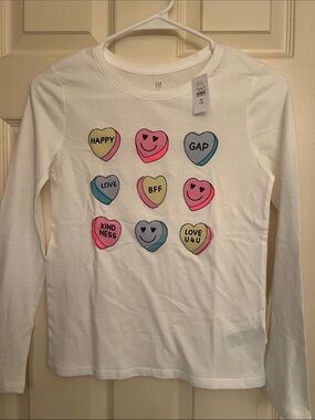 GAP White Long-Sleeve Tee with Pink, Yellow & Blue Heart Graphics